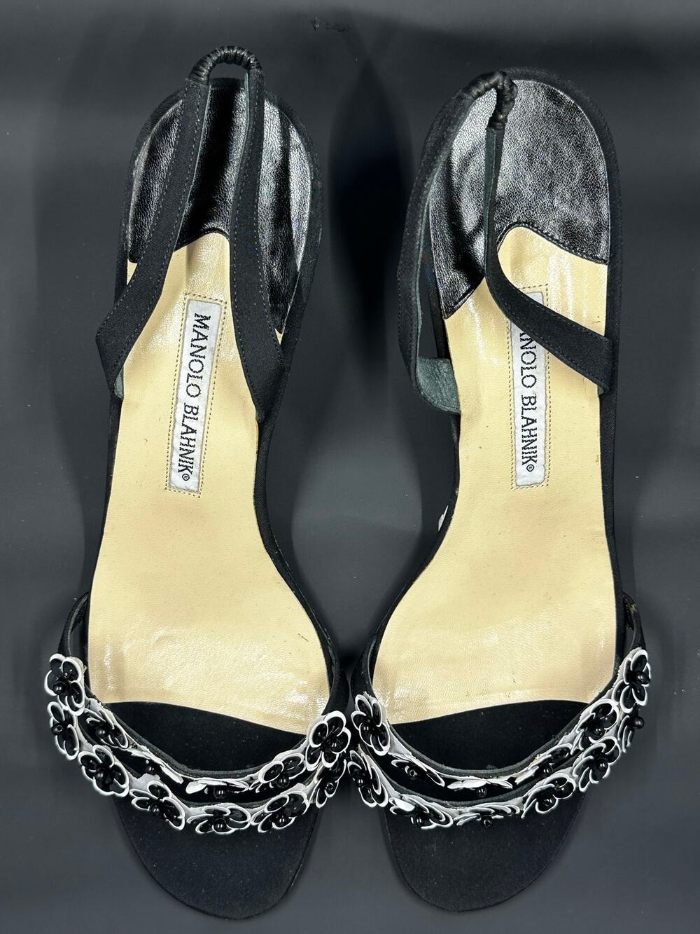 ⁠S001-Vintage Manolo Blahnik Black Floral Slingback Sandals Heels Sz 41 US 10.5⁠